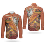 Australia Didgeridoo Couples Matching Short Sleeve Bodycon Dress and Long Sleeve Button Shirt Aussie Kookaburra Indigenous Dot Art