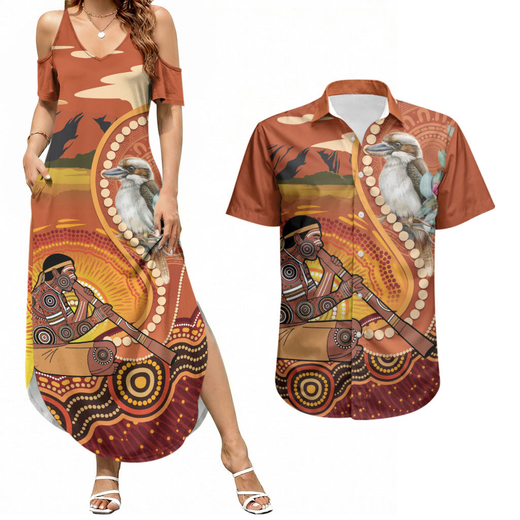 Australia Didgeridoo Couples Matching Summer Maxi Dress and Hawaiian Shirt Aussie Kookaburra Indigenous Dot Art