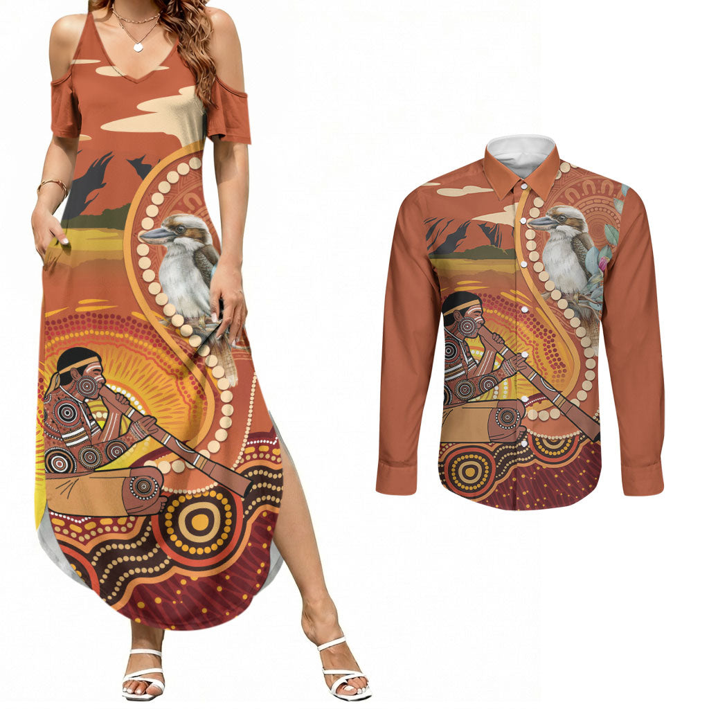 Australia Didgeridoo Couples Matching Summer Maxi Dress and Long Sleeve Button Shirt Aussie Kookaburra Indigenous Dot Art