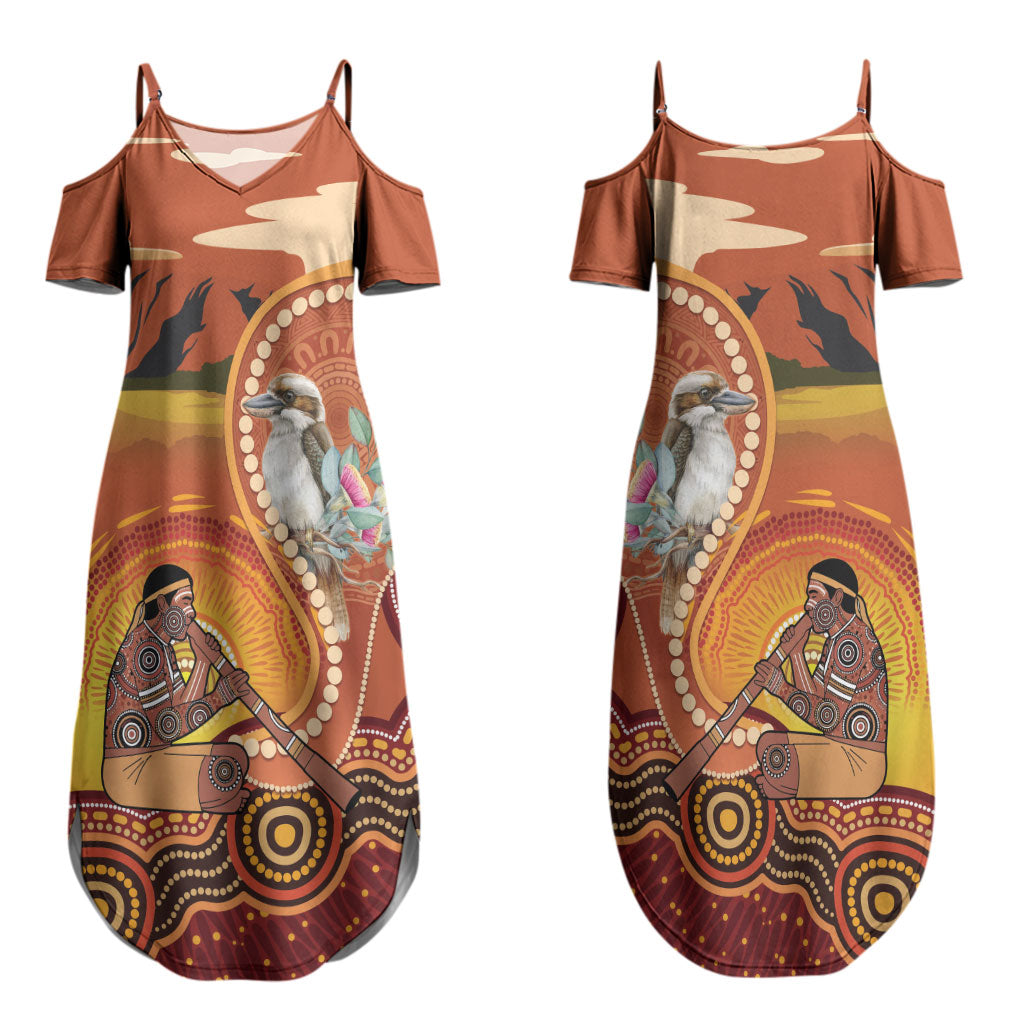 Australia Didgeridoo Couples Matching Summer Maxi Dress and Long Sleeve Button Shirt Aussie Kookaburra Indigenous Dot Art