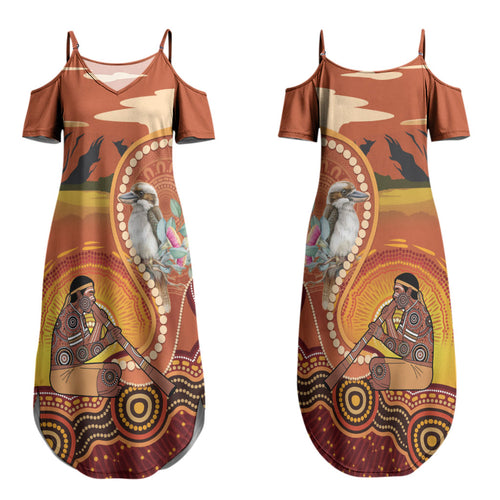 Australia Didgeridoo Couples Matching Summer Maxi Dress and Long Sleeve Button Shirt Aussie Kookaburra Indigenous Dot Art