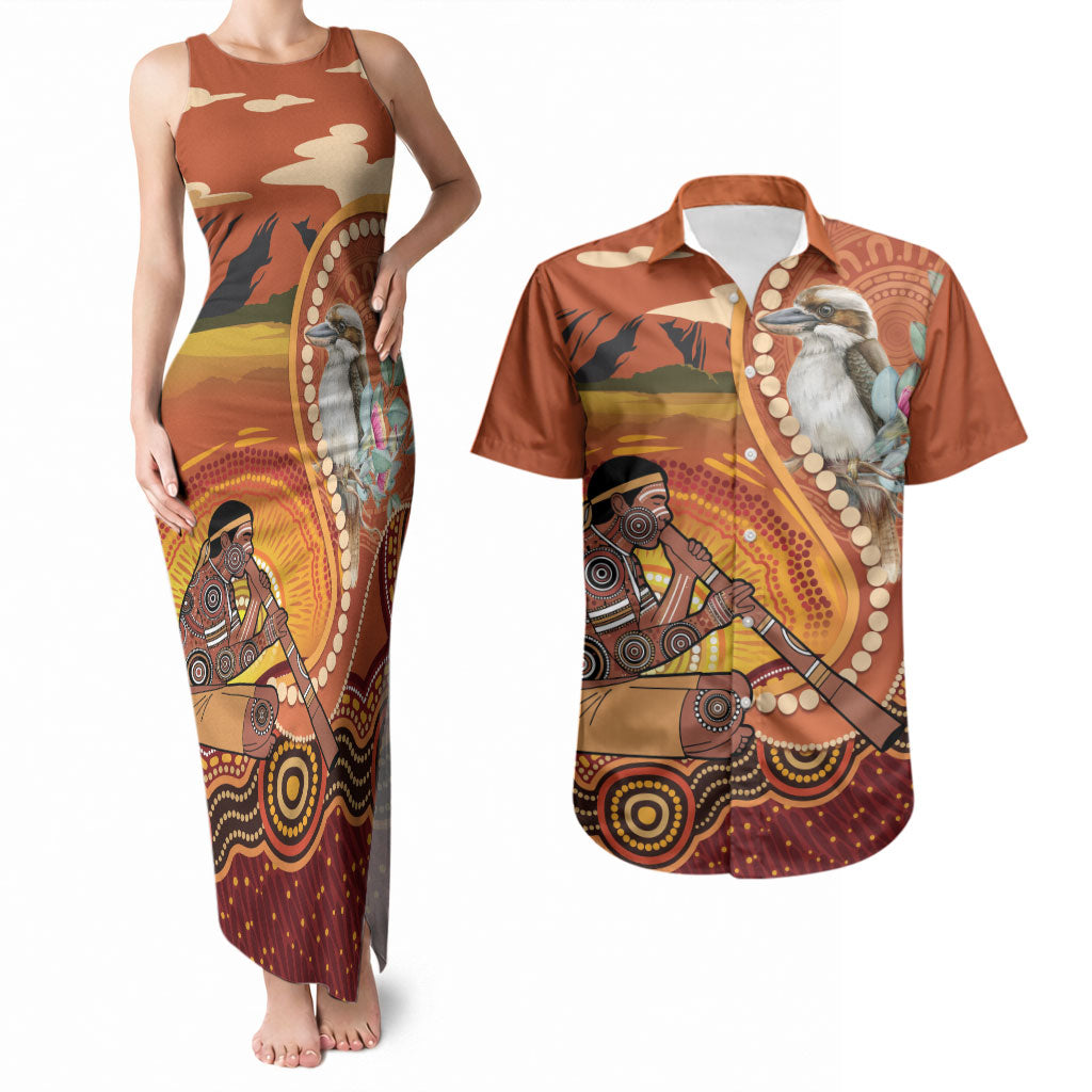 Australia Didgeridoo Couples Matching Tank Maxi Dress and Hawaiian Shirt Aussie Kookaburra Indigenous Dot Art