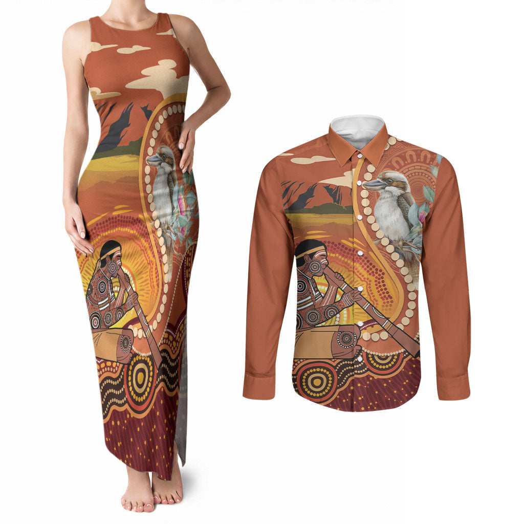 Australia Didgeridoo Couples Matching Tank Maxi Dress and Long Sleeve Button Shirt Aussie Kookaburra Indigenous Dot Art