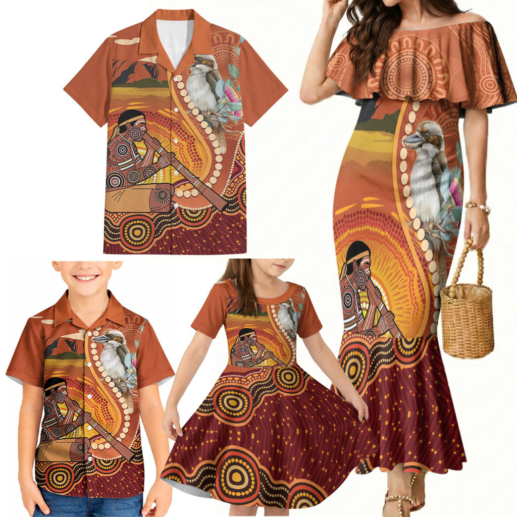 Australia Didgeridoo Family Matching Mermaid Dress and Hawaiian Shirt Aussie Kookaburra Indigenous Dot Art