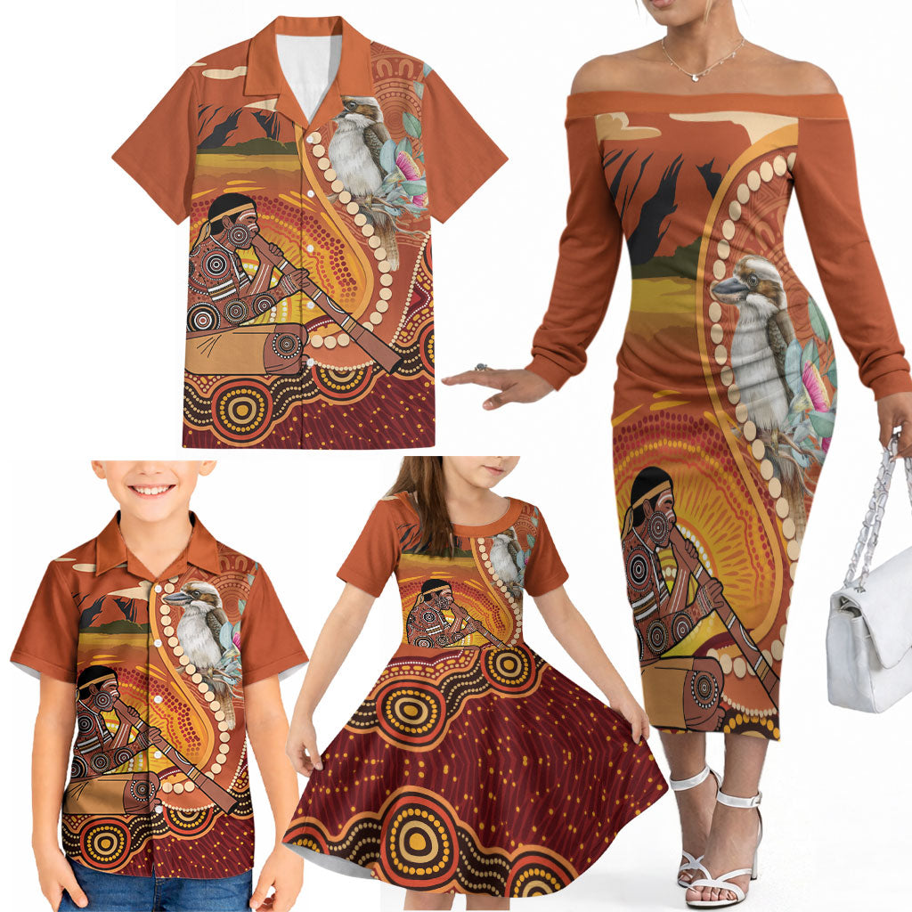 Australia Didgeridoo Family Matching Off The Shoulder Long Sleeve Dress and Hawaiian Shirt Aussie Kookaburra Indigenous Dot Art