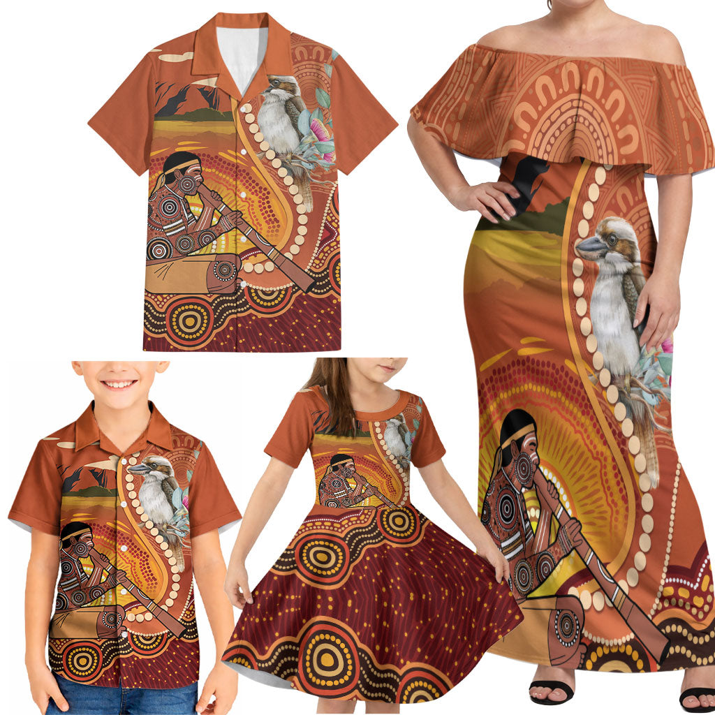 Australia Didgeridoo Family Matching Off Shoulder Maxi Dress and Hawaiian Shirt Aussie Kookaburra Indigenous Dot Art