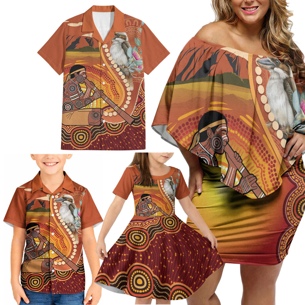 Australia Didgeridoo Family Matching Off Shoulder Short Dress and Hawaiian Shirt Aussie Kookaburra Indigenous Dot Art