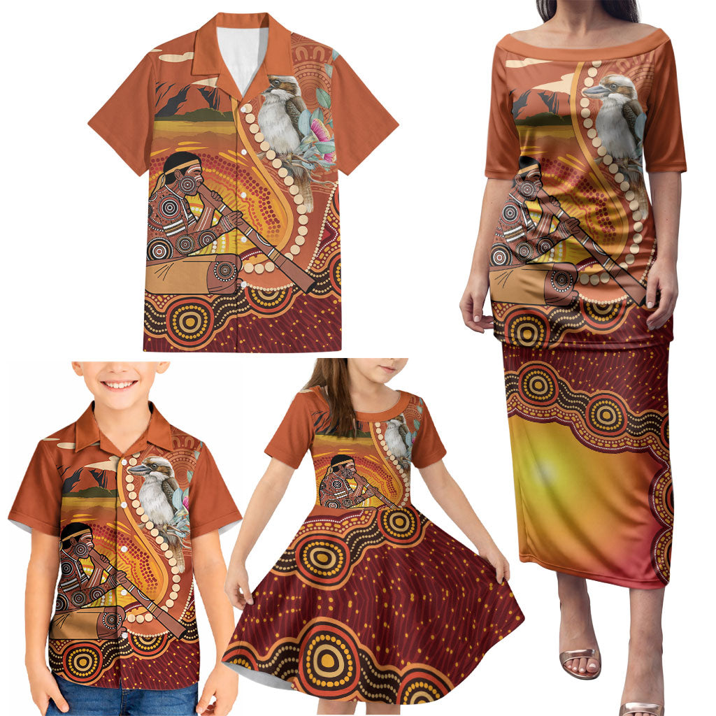 Australia Didgeridoo Family Matching Puletasi and Hawaiian Shirt Aussie Kookaburra Indigenous Dot Art