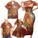 Australia Didgeridoo Family Matching Short Sleeve Bodycon Dress and Hawaiian Shirt Aussie Kookaburra Indigenous Dot Art