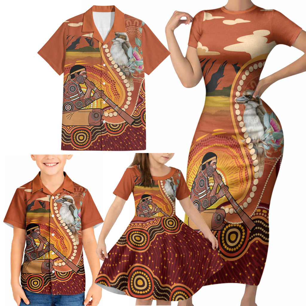 Australia Didgeridoo Family Matching Short Sleeve Bodycon Dress and Hawaiian Shirt Aussie Kookaburra Indigenous Dot Art