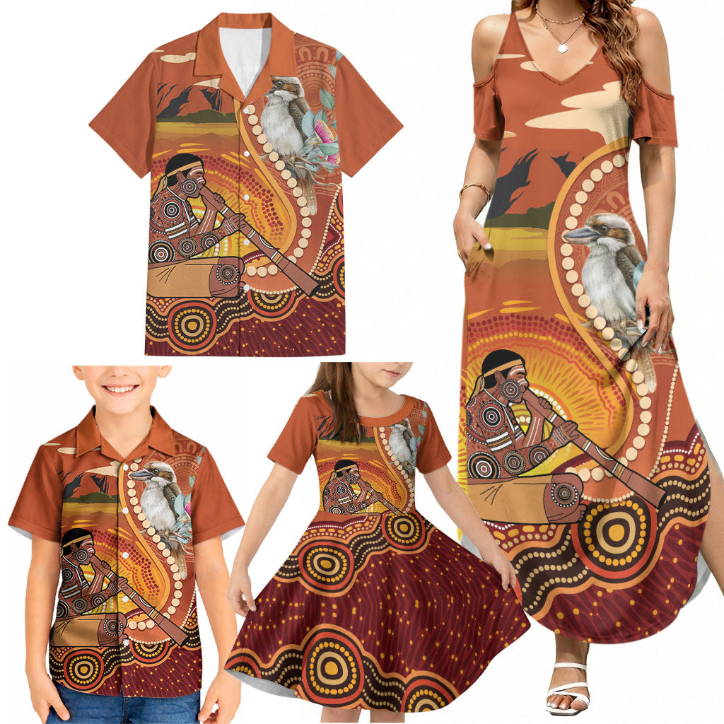Australia Didgeridoo Family Matching Summer Maxi Dress and Hawaiian Shirt Aussie Kookaburra Indigenous Dot Art
