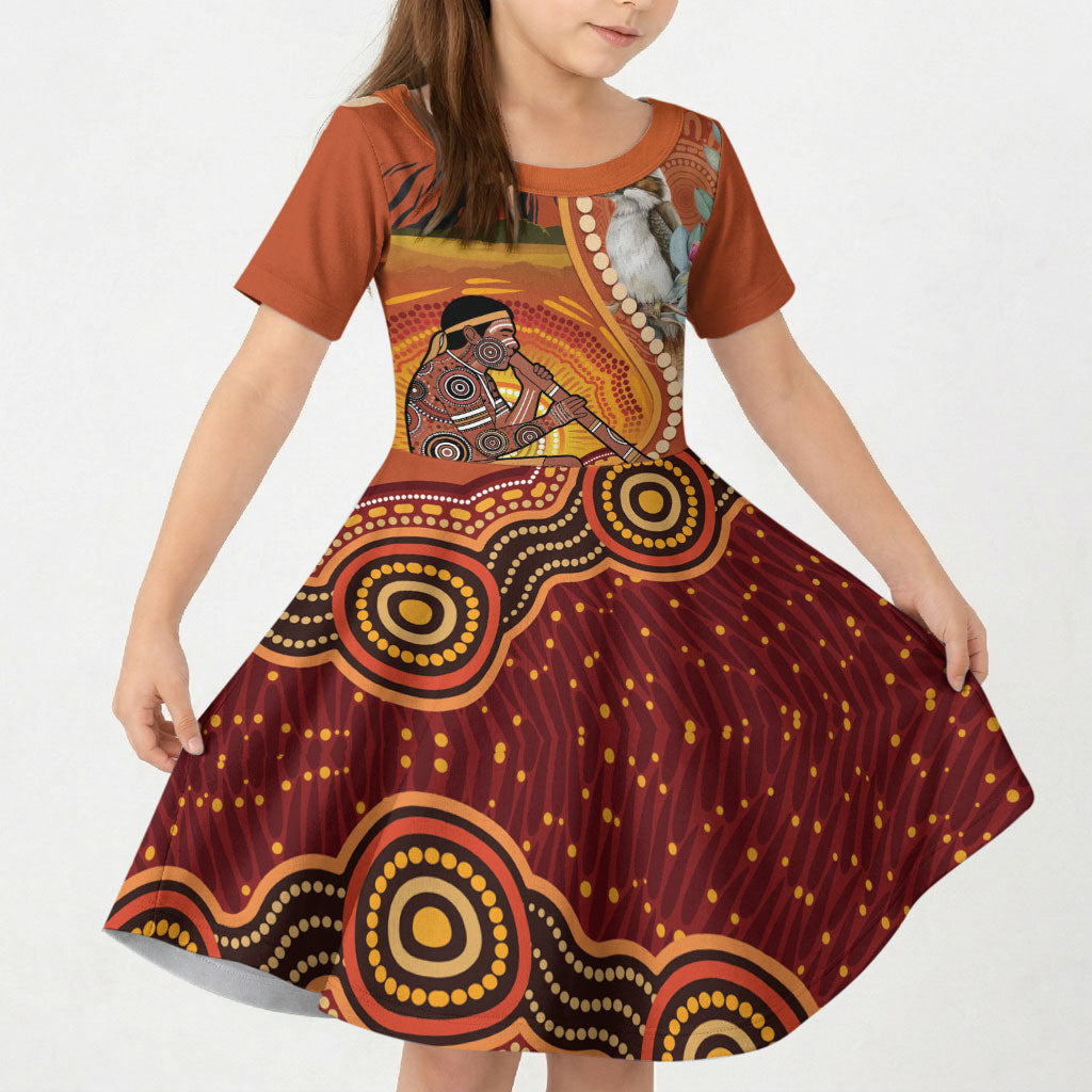 Australia Didgeridoo Kid Short Sleeve Dress Aussie Kookaburra Indigenous Dot Art