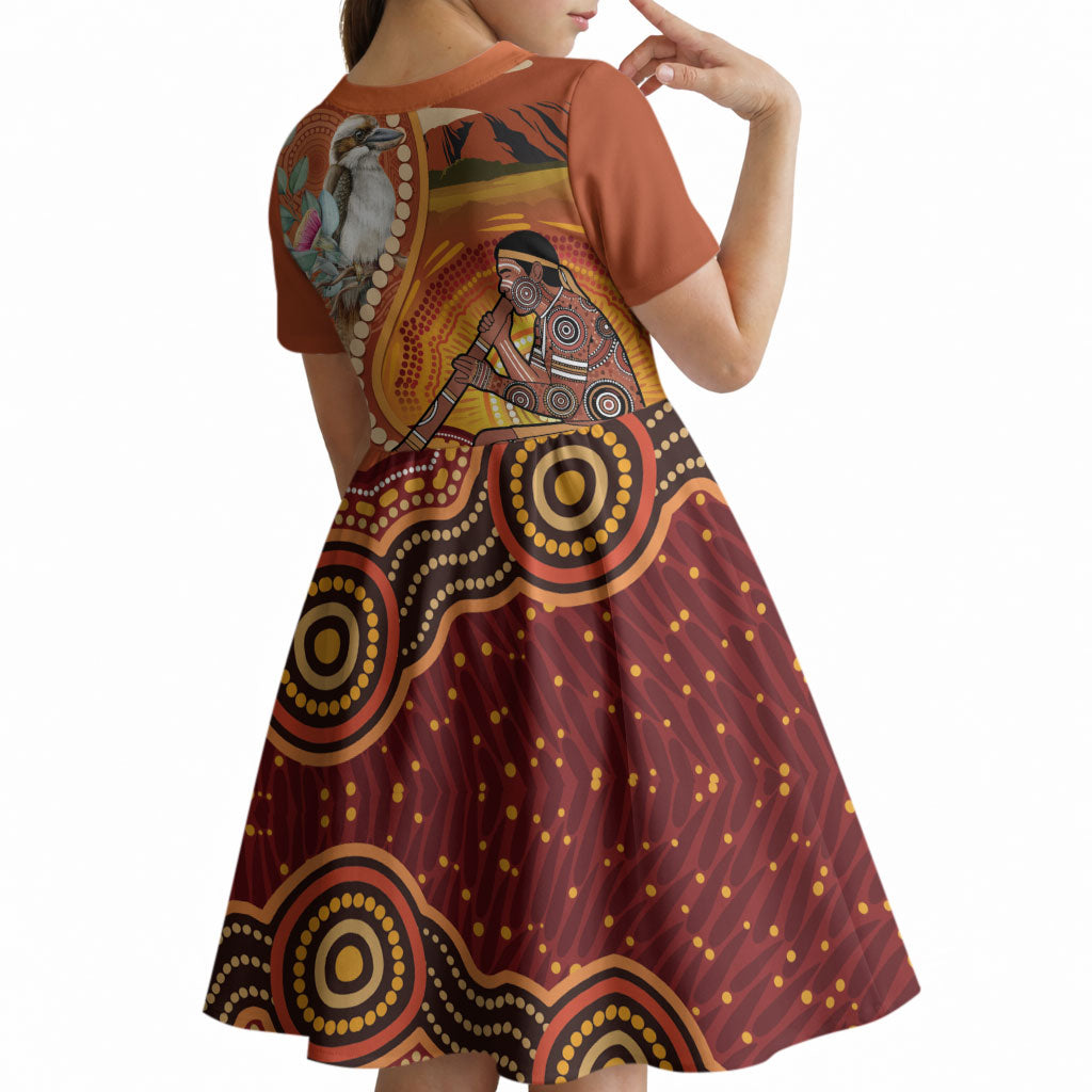 Australia Didgeridoo Kid Short Sleeve Dress Aussie Kookaburra Indigenous Dot Art