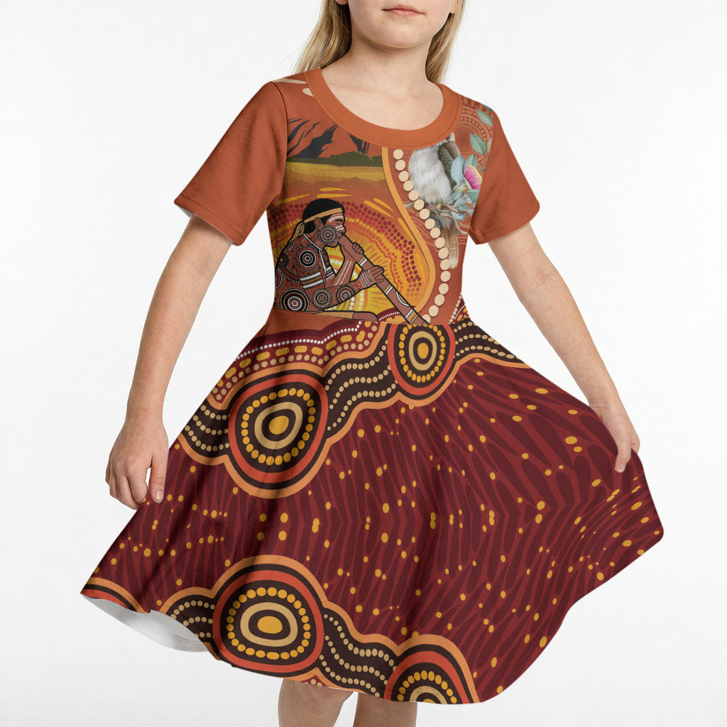 Australia Didgeridoo Kid Short Sleeve Dress Aussie Kookaburra Indigenous Dot Art