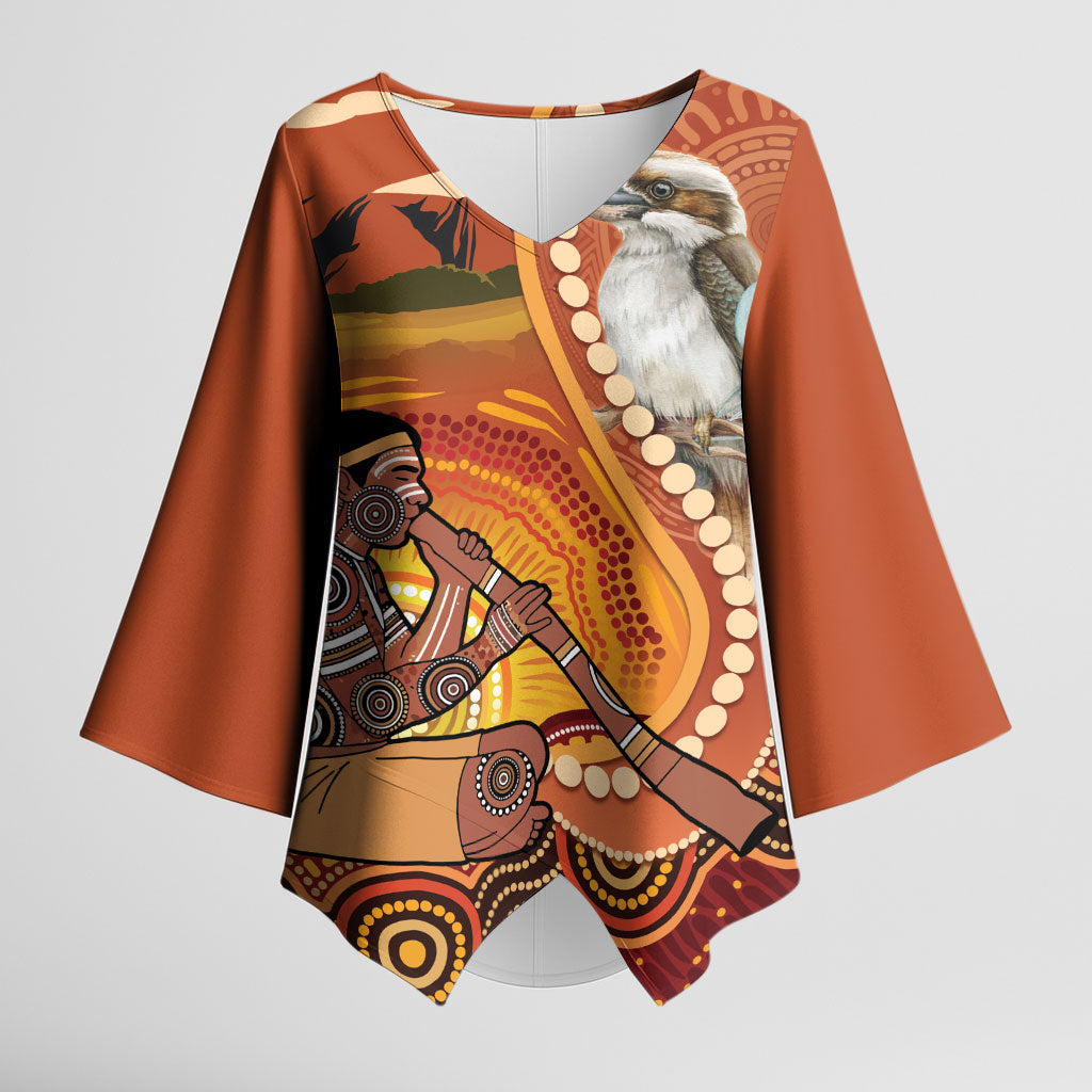 Australia Didgeridoo Kimono Sleeve Blouse Aussie Kookaburra Indigenous Dot Art