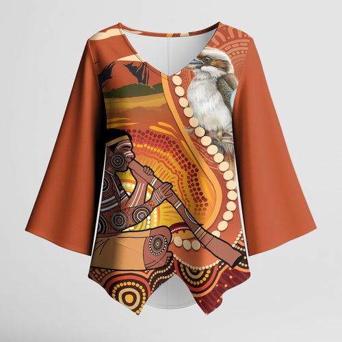 Australia Didgeridoo Kimono Sleeve Blouse Aussie Kookaburra Indigenous Dot Art