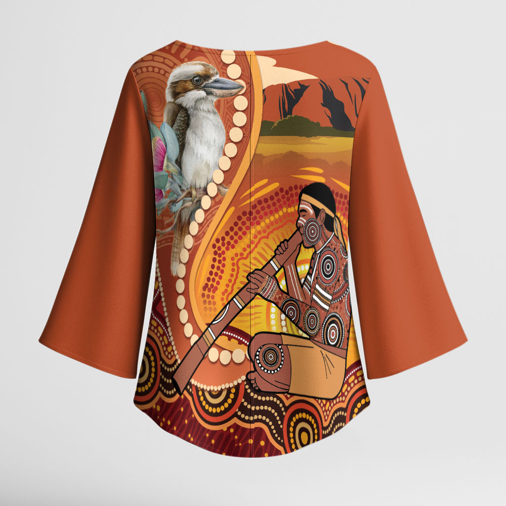 Australia Didgeridoo Kimono Sleeve Blouse Aussie Kookaburra Indigenous Dot Art