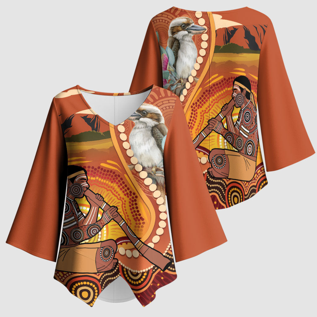 Australia Didgeridoo Kimono Sleeve Blouse Aussie Kookaburra Indigenous Dot Art