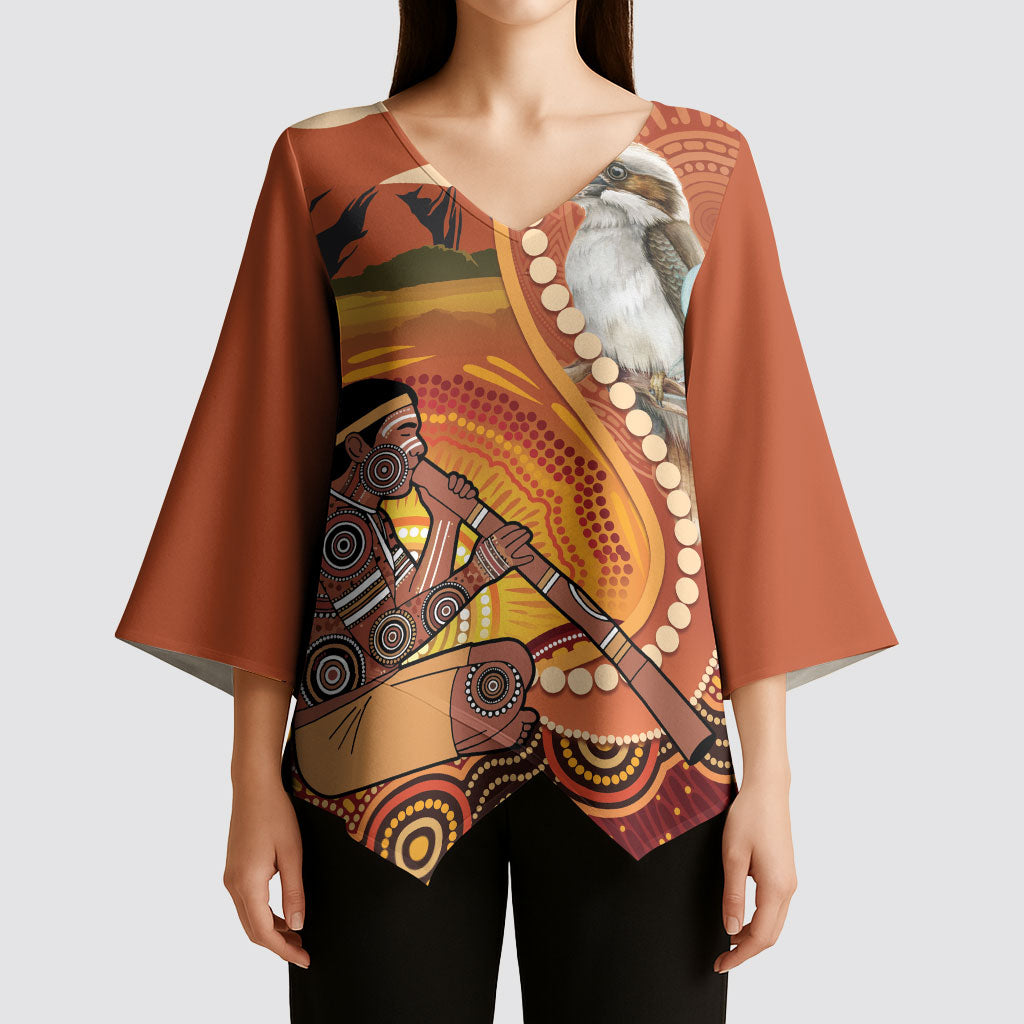 Australia Didgeridoo Kimono Sleeve Blouse Aussie Kookaburra Indigenous Dot Art