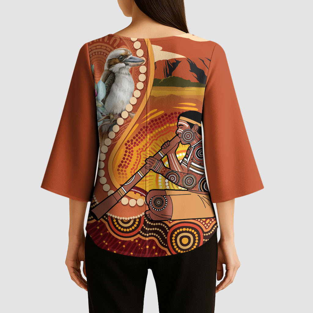 Australia Didgeridoo Kimono Sleeve Blouse Aussie Kookaburra Indigenous Dot Art