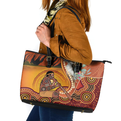 Australia Didgeridoo Leather Tote Bag Aussie Kookaburra Indigenous Dot Art