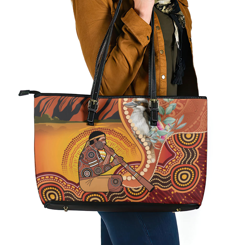 Australia Didgeridoo Leather Tote Bag Aussie Kookaburra Indigenous Dot Art