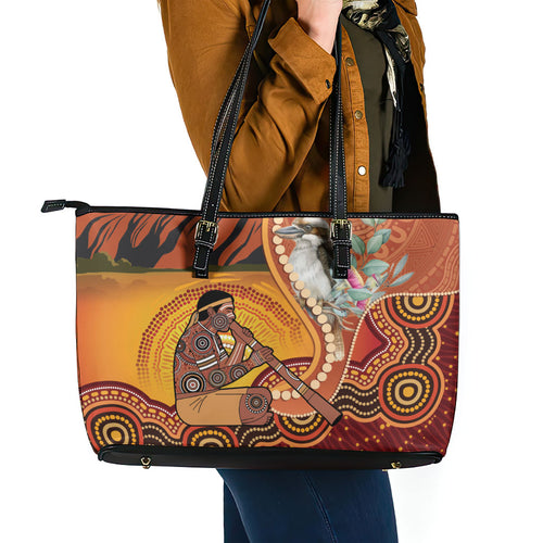 Australia Didgeridoo Leather Tote Bag Aussie Kookaburra Indigenous Dot Art