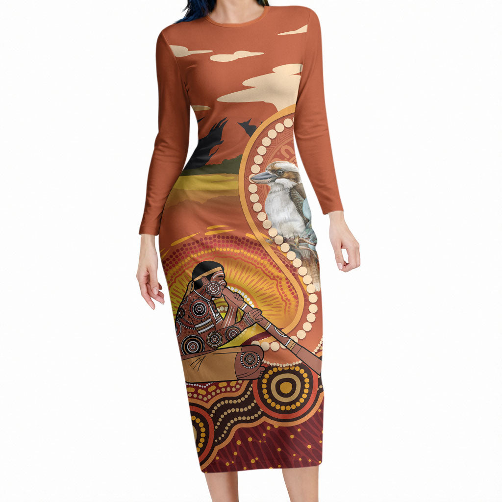 Australia Didgeridoo Long Sleeve Bodycon Dress Aussie Kookaburra Indigenous Dot Art