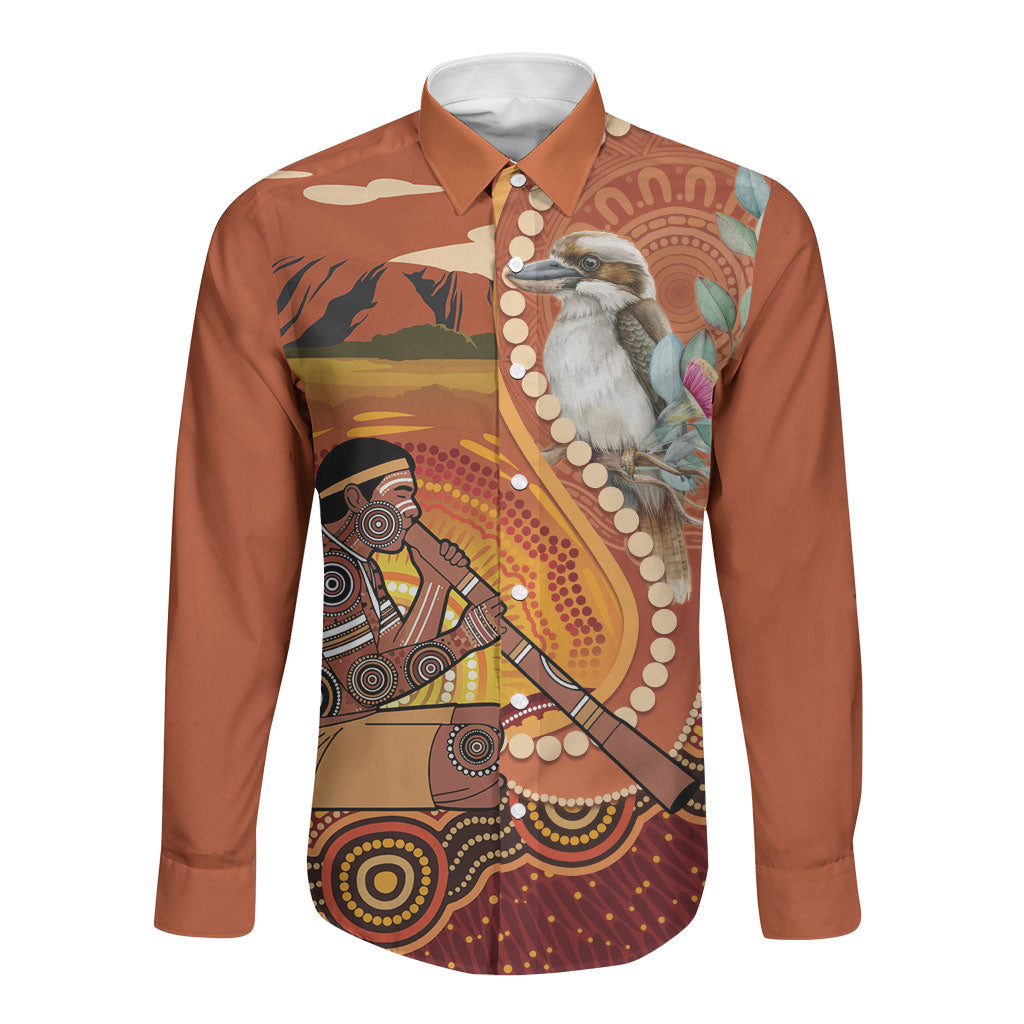 Australia Didgeridoo Long Sleeve Button Shirt Aussie Kookaburra Indigenous Dot Art
