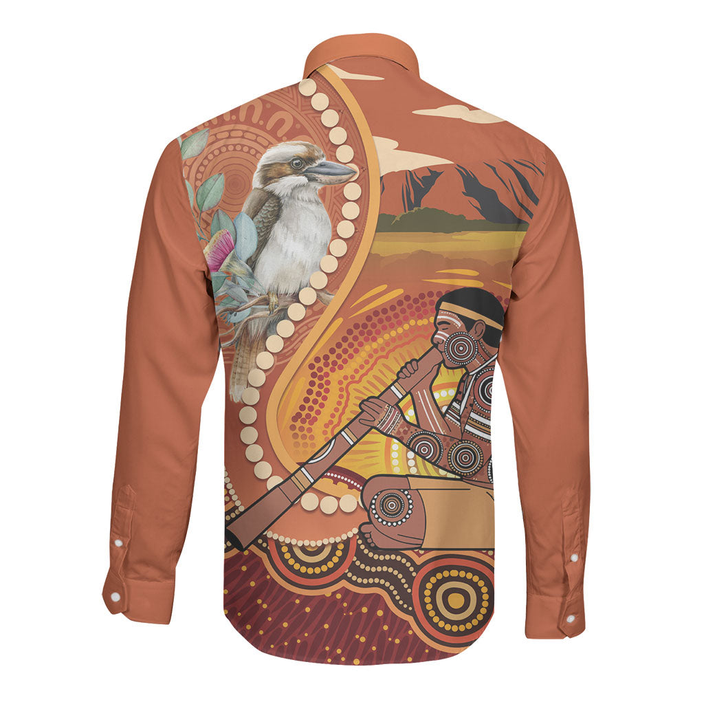 Australia Didgeridoo Long Sleeve Button Shirt Aussie Kookaburra Indigenous Dot Art