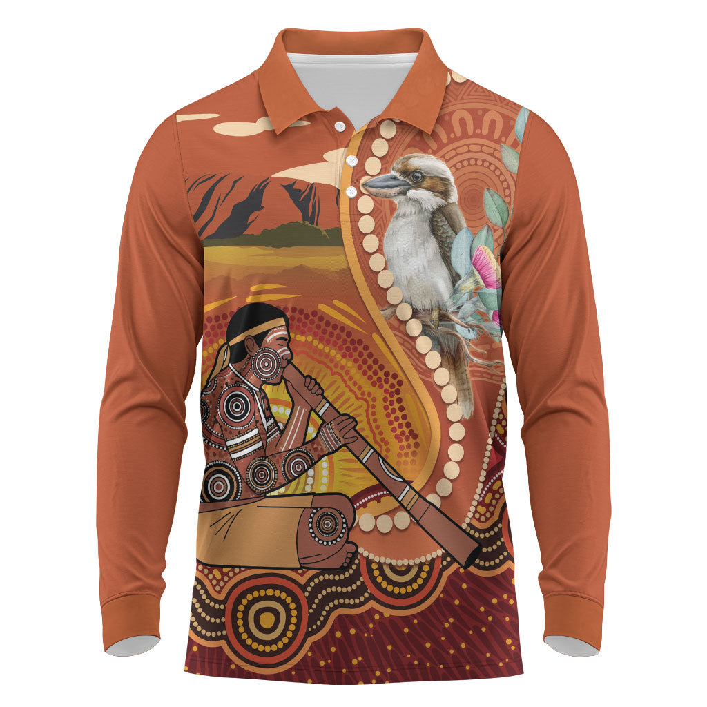 Australia Didgeridoo Long Sleeve Polo Shirt Aussie Kookaburra Indigenous Dot Art
