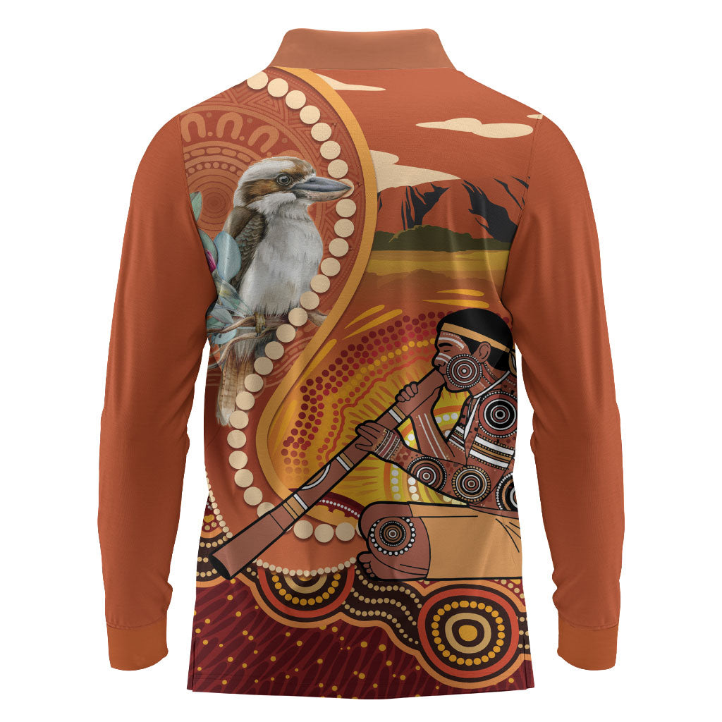 Australia Didgeridoo Long Sleeve Polo Shirt Aussie Kookaburra Indigenous Dot Art
