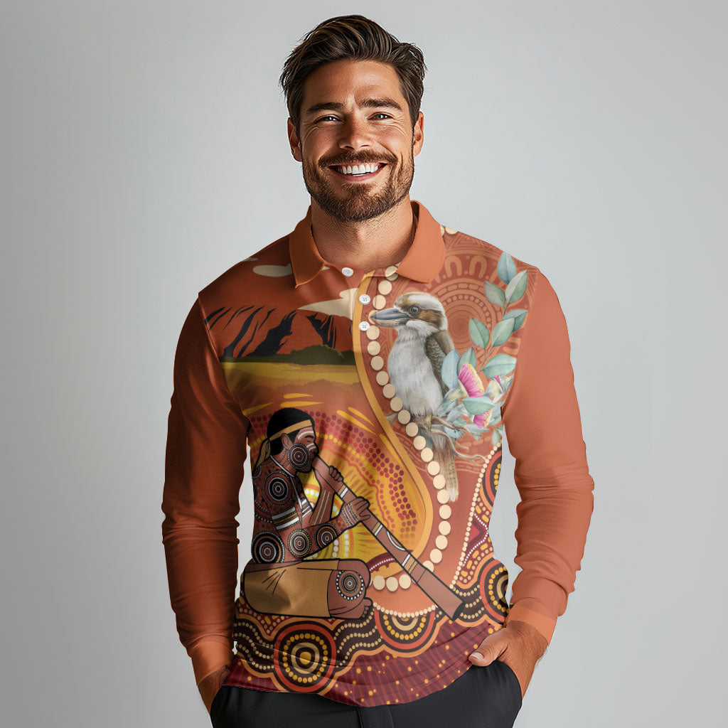 Australia Didgeridoo Long Sleeve Polo Shirt Aussie Kookaburra Indigenous Dot Art