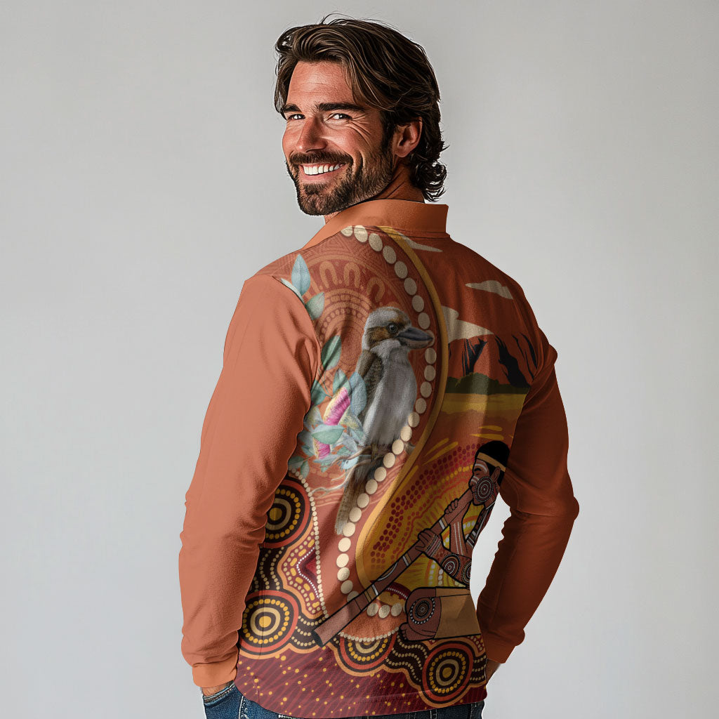 Australia Didgeridoo Long Sleeve Polo Shirt Aussie Kookaburra Indigenous Dot Art
