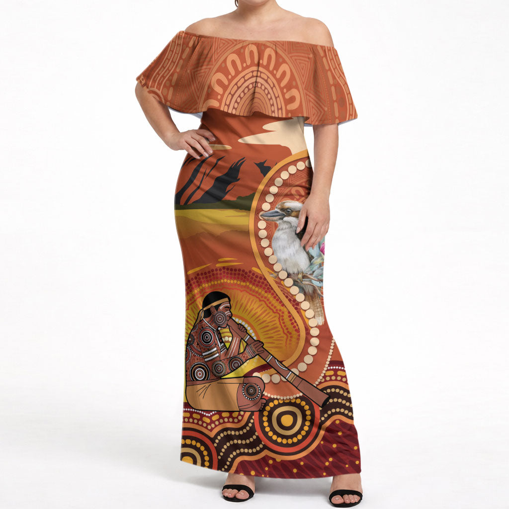 Australia Didgeridoo Off Shoulder Maxi Dress Aussie Kookaburra Indigenous Dot Art