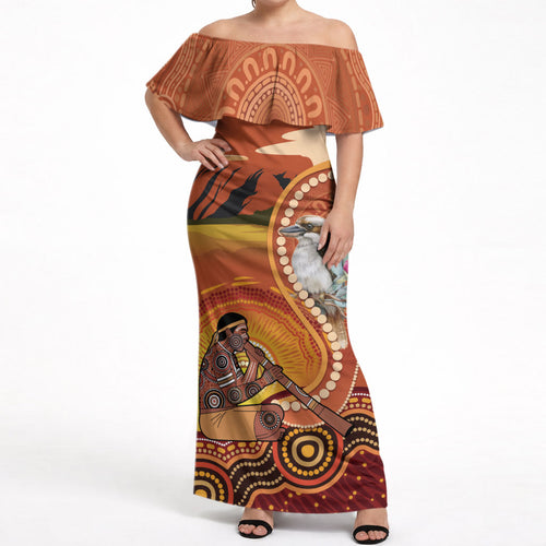 Australia Didgeridoo Off Shoulder Maxi Dress Aussie Kookaburra Indigenous Dot Art