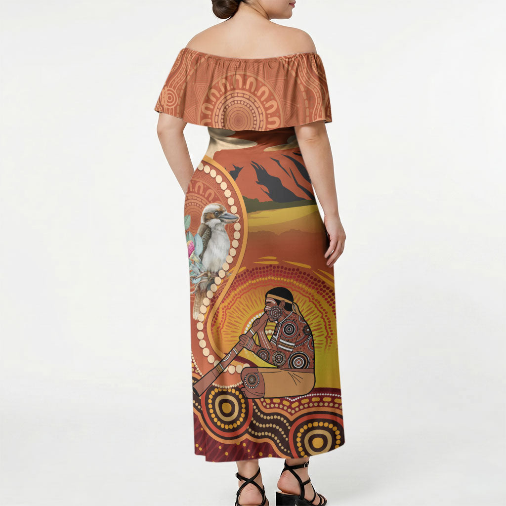Australia Didgeridoo Off Shoulder Maxi Dress Aussie Kookaburra Indigenous Dot Art