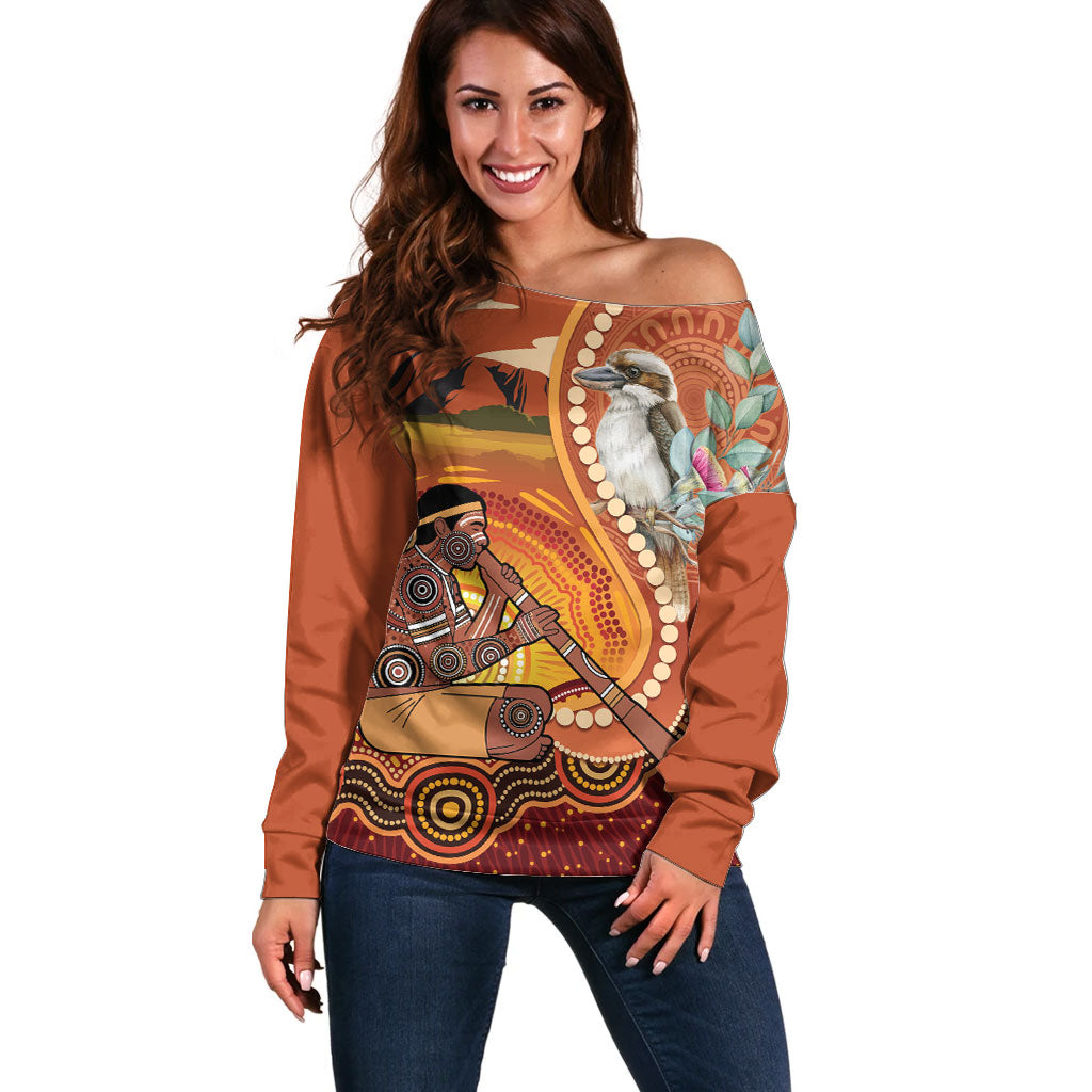 Australia Didgeridoo Off Shoulder Sweater Aussie Kookaburra Indigenous Dot Art