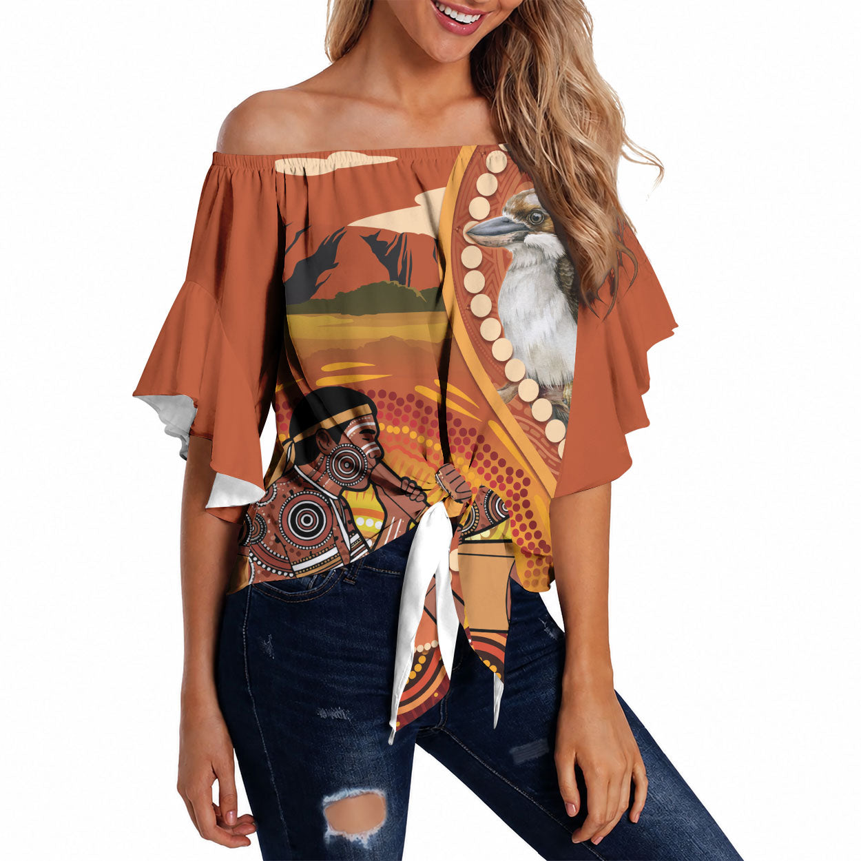 Australia Didgeridoo Off Shoulder Wrap Waist Top Aussie Kookaburra Indigenous Dot Art