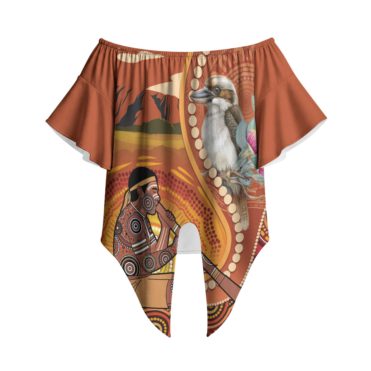 Australia Didgeridoo Off Shoulder Wrap Waist Top Aussie Kookaburra Indigenous Dot Art