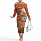 Australia Didgeridoo Off The Shoulder Long Sleeve Dress Aussie Kookaburra Indigenous Dot Art