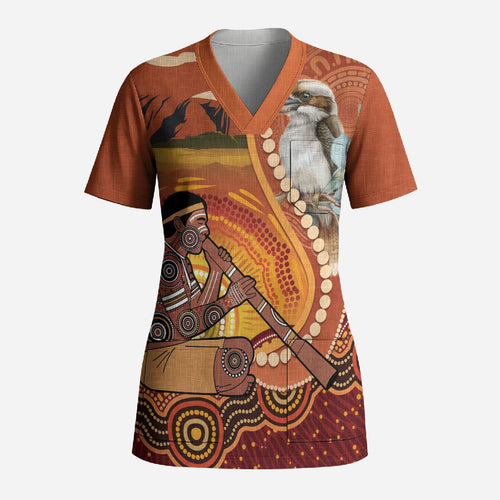 Australia Didgeridoo Scrub Top Aussie Kookaburra Indigenous Dot Art