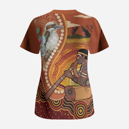 Australia Didgeridoo Scrub Top Aussie Kookaburra Indigenous Dot Art