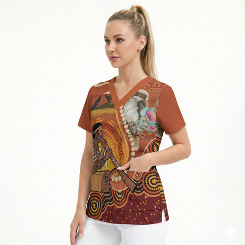 Australia Didgeridoo Scrub Top Aussie Kookaburra Indigenous Dot Art