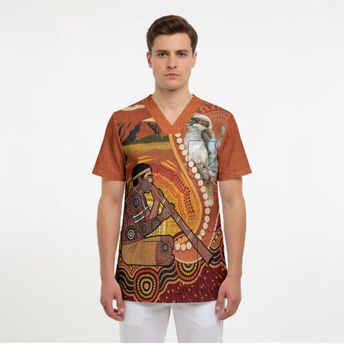 Australia Didgeridoo Scrub Top Aussie Kookaburra Indigenous Dot Art