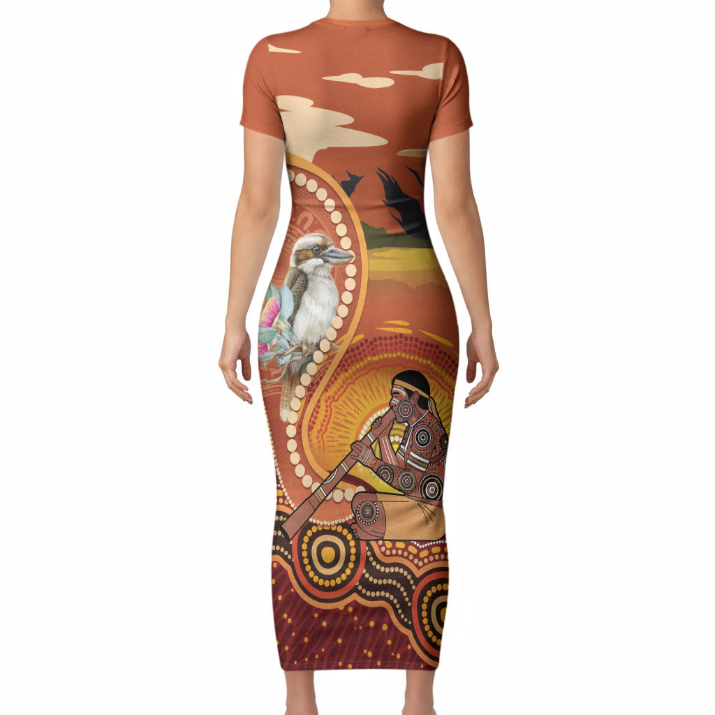 Australia Didgeridoo Short Sleeve Bodycon Dress Aussie Kookaburra Indigenous Dot Art