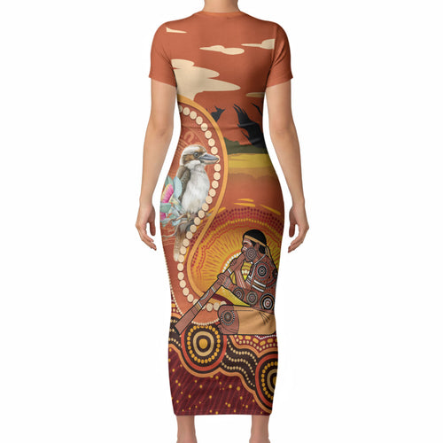 Australia Didgeridoo Short Sleeve Bodycon Dress Aussie Kookaburra Indigenous Dot Art