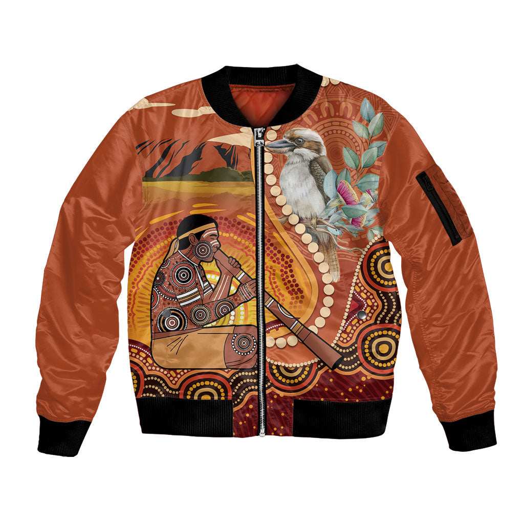 Australia Didgeridoo Sleeve Zip Bomber Jacket Aussie Kookaburra Indigenous Dot Art