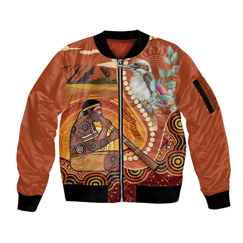 Australia Didgeridoo Sleeve Zip Bomber Jacket Aussie Kookaburra Indigenous Dot Art