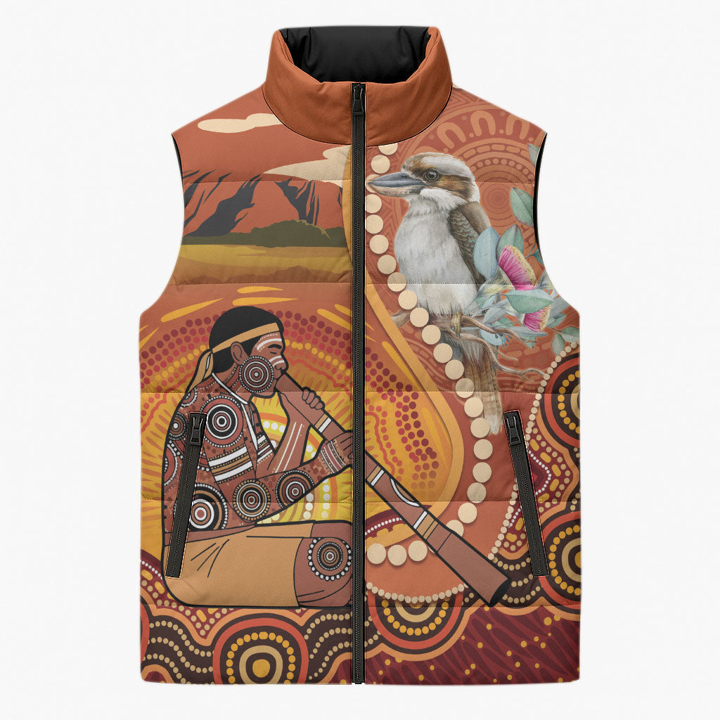 Australia Didgeridoo Sleeveless Puffer Jacket Aussie Kookaburra Indigenous Dot Art